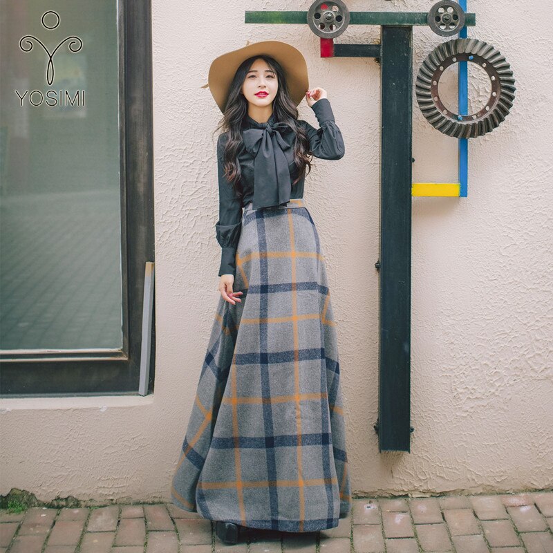 Retro Long Sleeve Shirt & Plaid Skirt Two-Piece Set