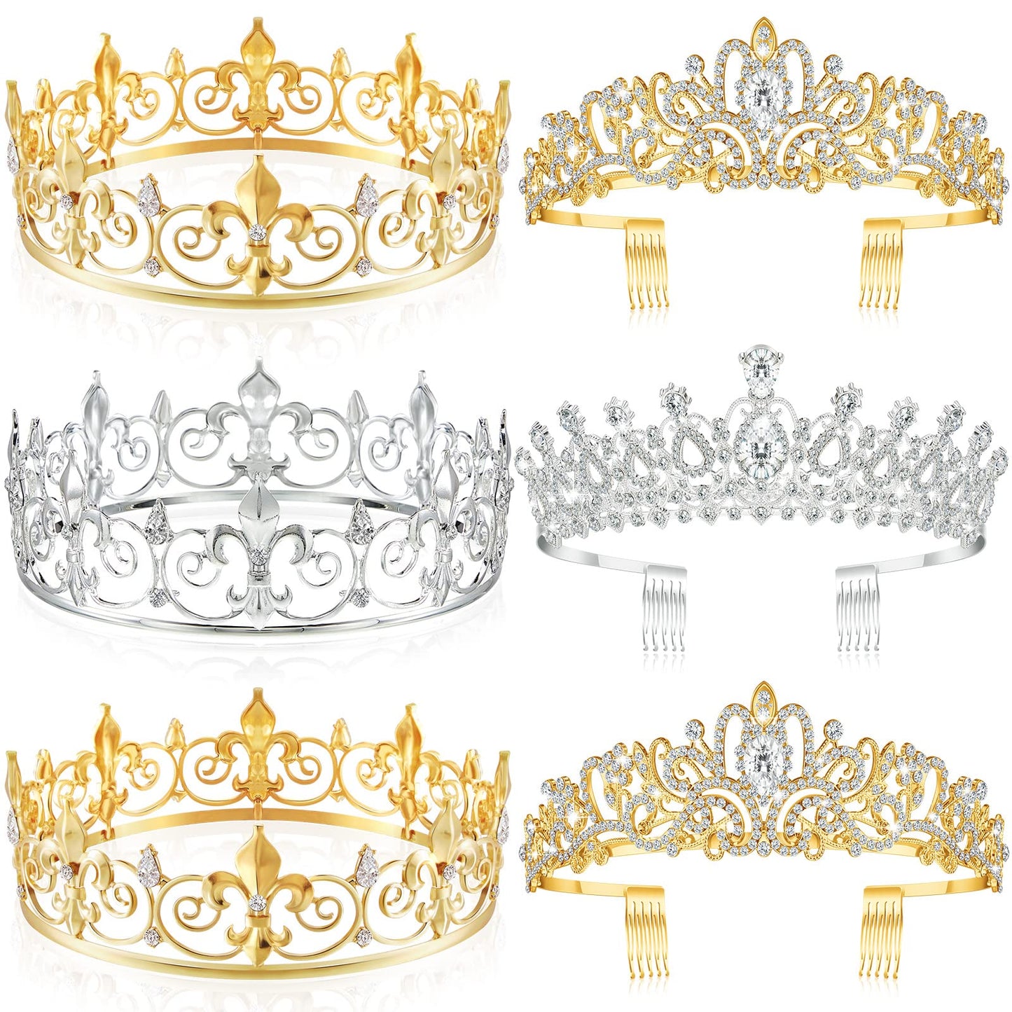 6 Pieces Prom King Crown Metal Baroque King and Queen Prince Princess Crystal Headband Tiara Crown Wedding Bridal Accessories for Women Men(Gold Silver Elegant Style)