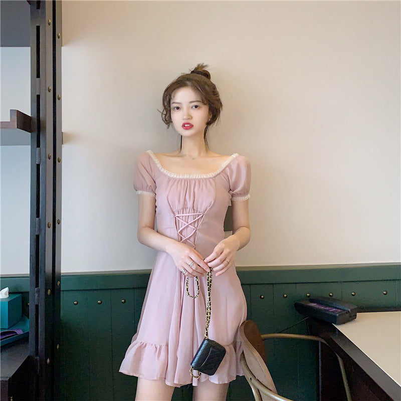 Pink Puff Sleeve Dress with Ruffled Edges