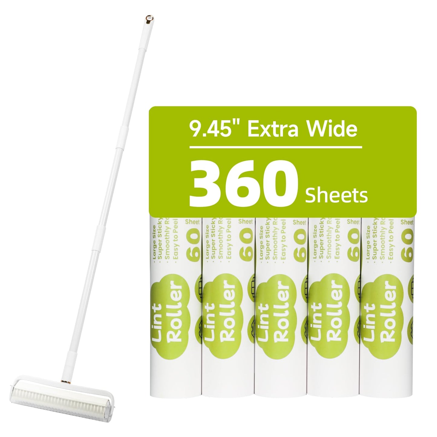Large Lint Rollers for Floor Sticky Rollers for Carpet 9.45 Lint Remover Brush with Long Handle Pet Hair Remover for Carpet Sticky Mop 360 Sheet