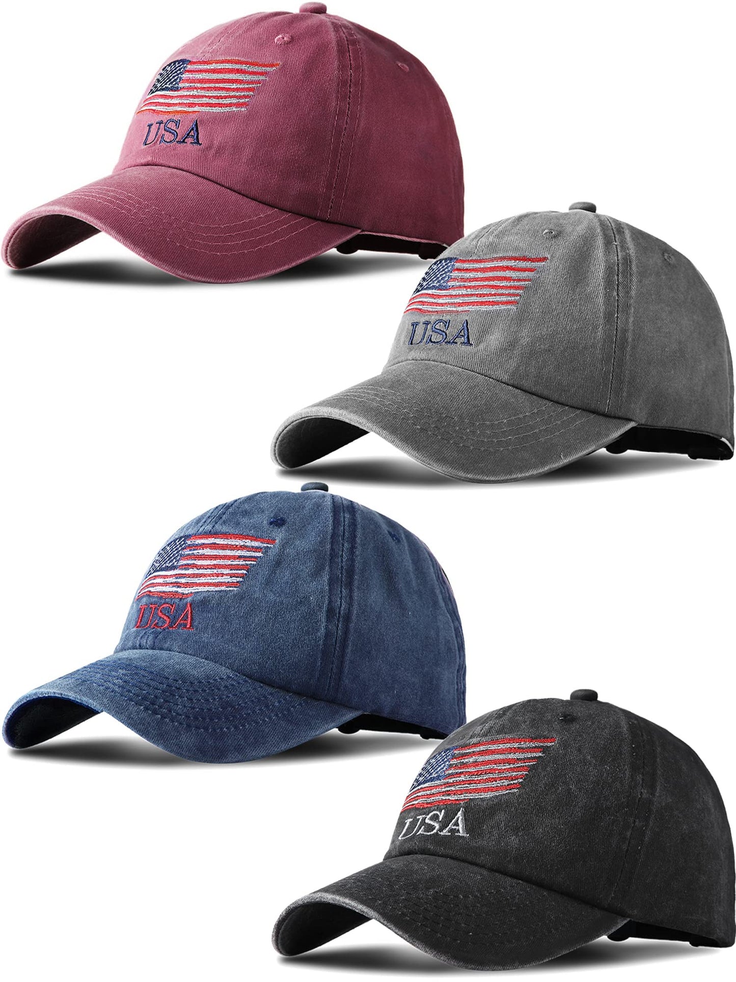 4 Piece USA Flag Hats - Adjustable Cotton Hats for Dad Women Teens