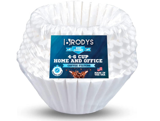 Brodys Coffee Filters 4-6 Cups - Junior Basket Style (200 Count) White Paper Chlorine Free All-Natural Paper No Messy Ground Overflow