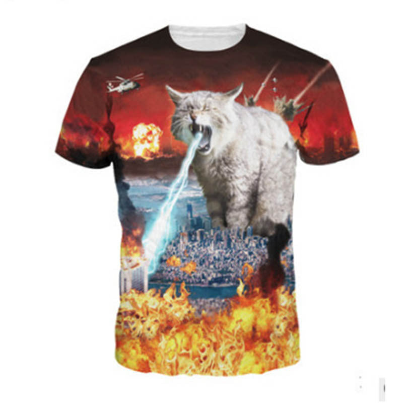 3D Lightning Cat Digital Print Loose Casual T-Shirt