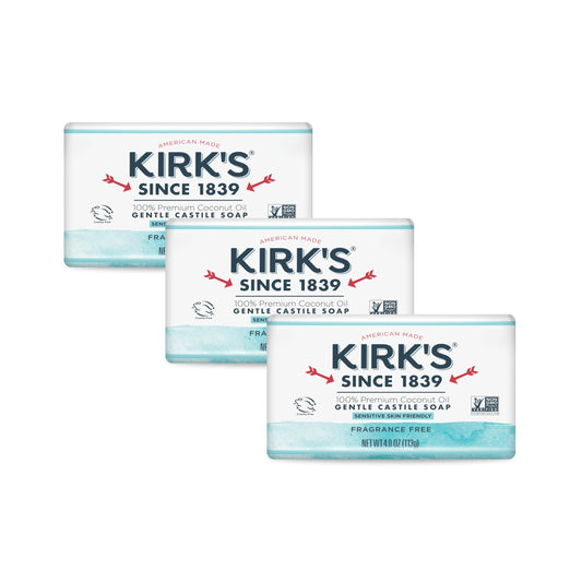 Castile Bar Soap by Kirk’s | Clean Soap for Men Women & Children | Premium Coconut Oil | Sensitive Skin Formula Vegan | Fragrance-Free/Unscented | 4 oz. Bars - 3 Pack