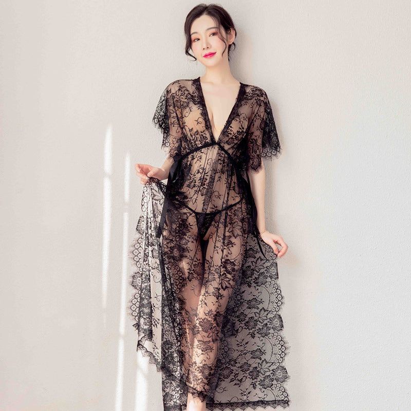 Lace Trim Black Sheer Robe for Women (Long Style)