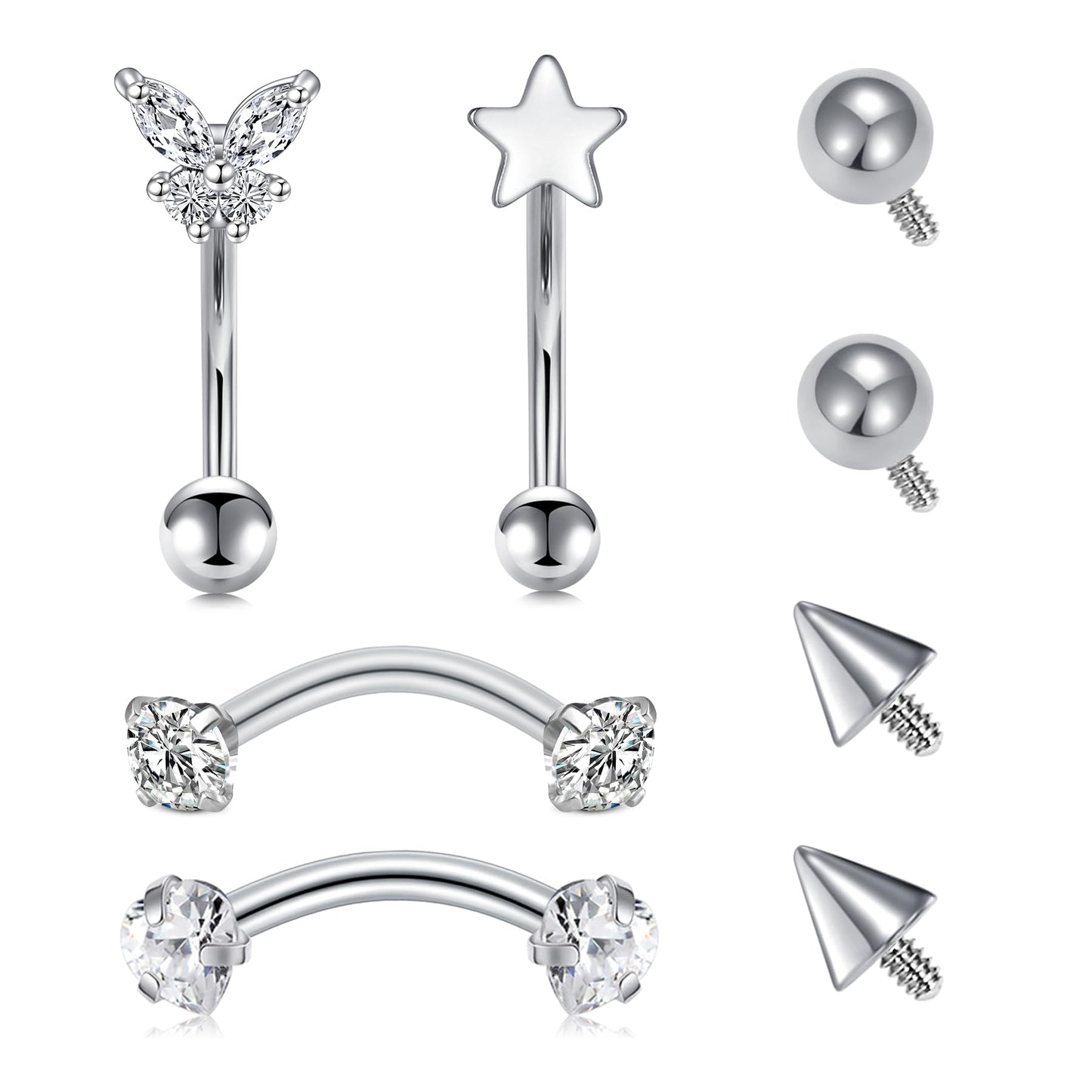 Internally Threaded Piercing Jewelry - Navel, Lip, Eyebrow Piercing Jewelry 16g Curved Barbell Piercing Jewelry 8mm 10mm Silver