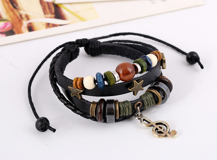 Embroidered Cowhide Bracelet with Alloy Notes