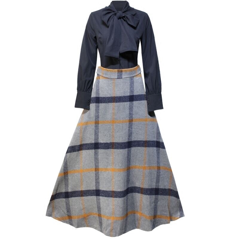 Retro Long Sleeve Shirt & Plaid Skirt Two-Piece Set