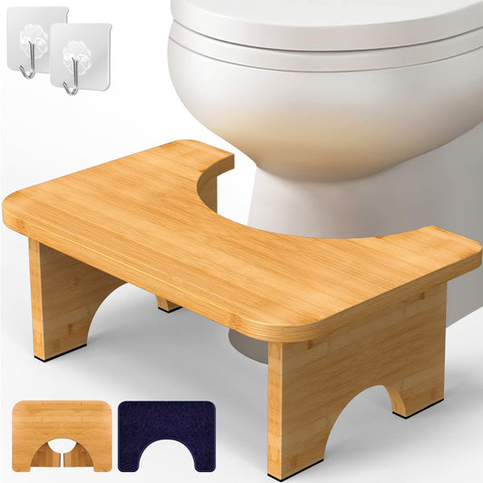 Bamboo Toilet Stool 7” Foldable Potty Stool with Extra Soft Microfiber Rug and Hooks Non-Slip Toilet Assistance Step Stool for Adult Improve Squatting Posture - Healthy Gifts