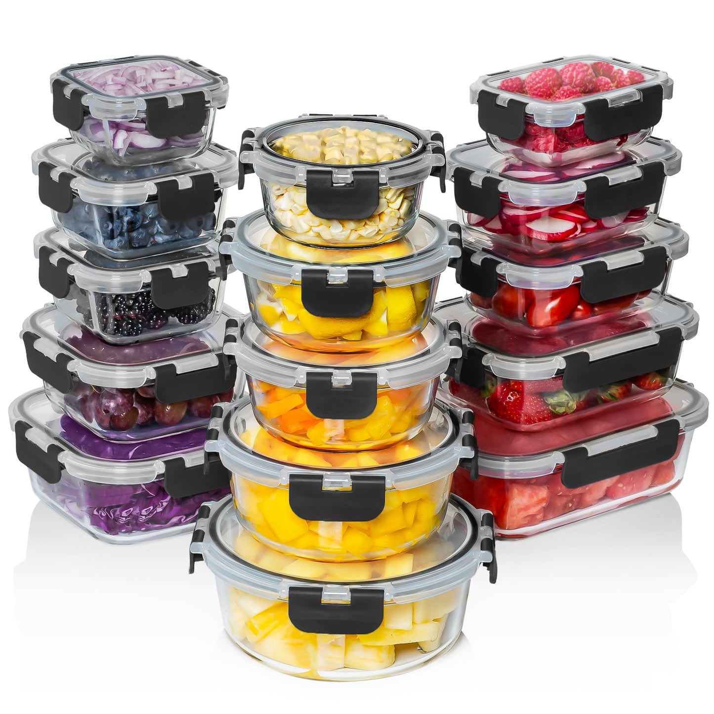 30 PC Glass Food Storage Containers with Lids - Reusable Glass Meal Prep Containers for Lunch and Leftovers - Airtight & Leakproof Snap Locking Lids - Oven Freezer Microwave Dishwasher Safe