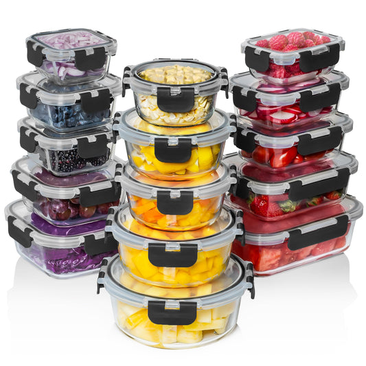 30 PC Glass Food Storage Containers with Lids - Reusable Glass Meal Prep Containers for Lunch and Leftovers - Airtight & Leakproof Snap Locking Lids - Oven Freezer Microwave Dishwasher Safe