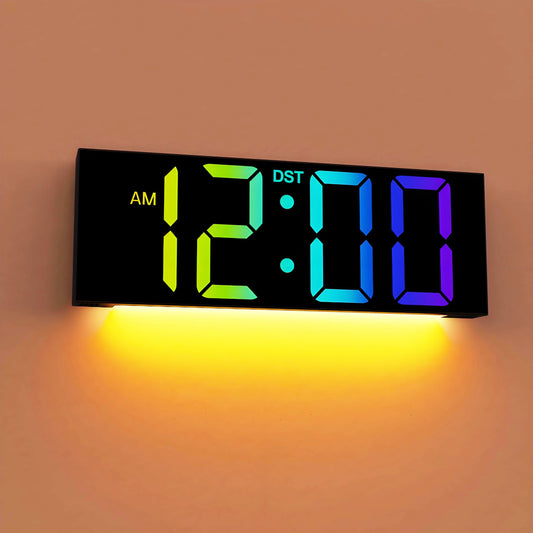 Large Digital Wall Clock with Remote Control Big LED Screen Dispaly 8 RGB Colors DST Night Light for Living Room Bedroom Gift for Elderly (Black)