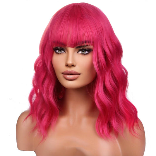 14'  Synthetic Wig Rose Red Wig with Bangs Wig Cap Included