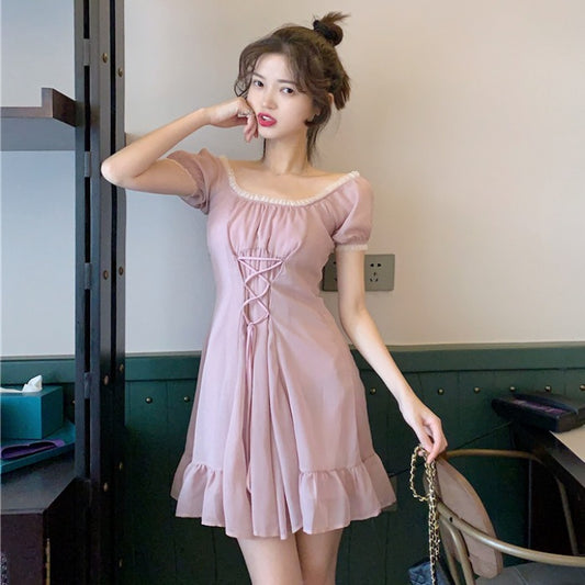 Pink Puff Sleeve Dress with Ruffled Edges