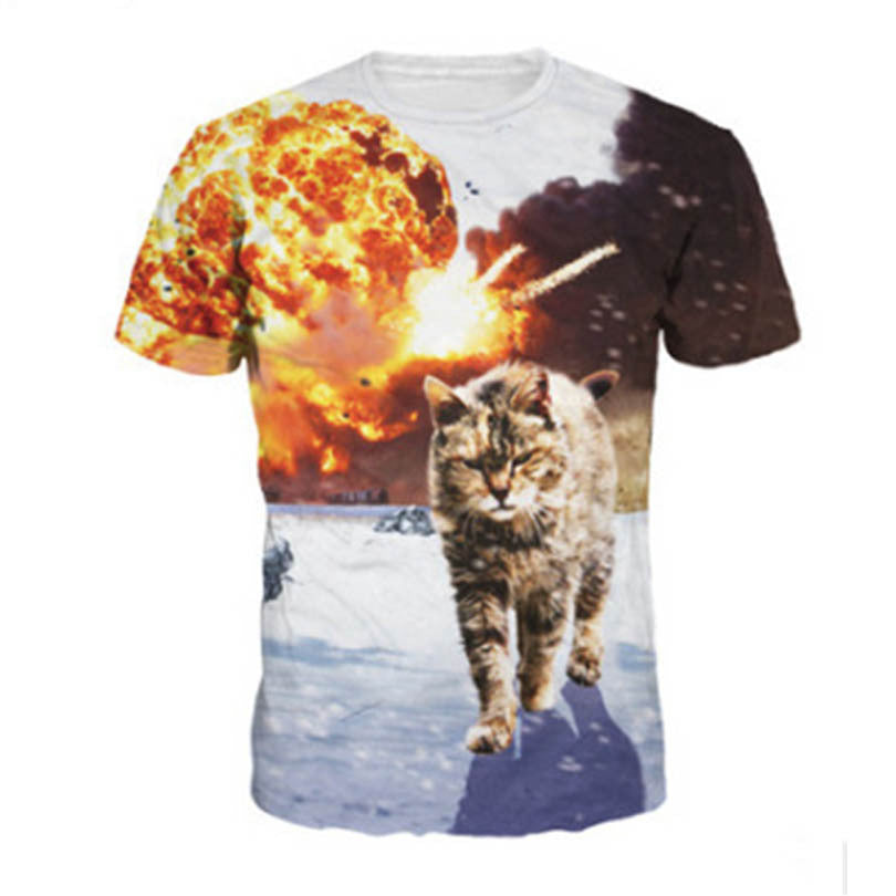 3D Lightning Cat Digital Print Loose Casual T-Shirt