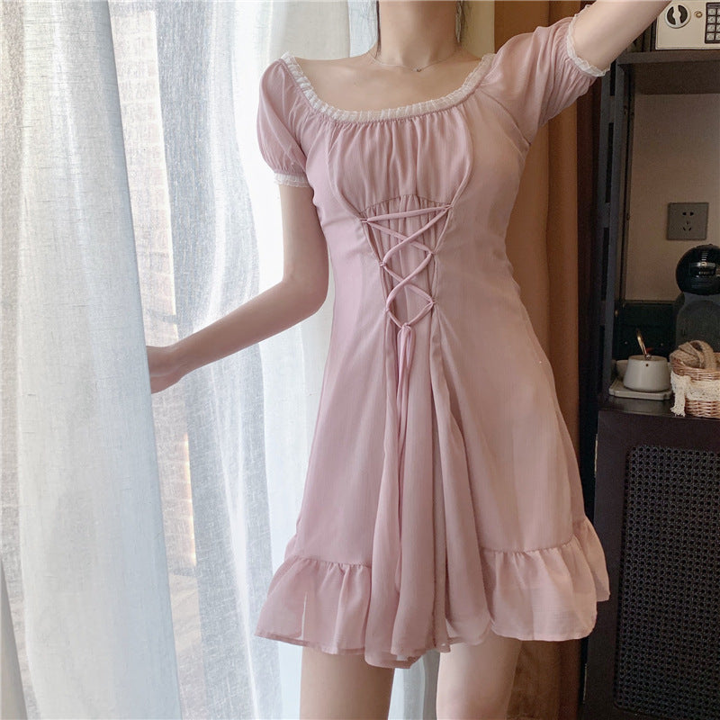 Pink Puff Sleeve Dress with Ruffled Edges