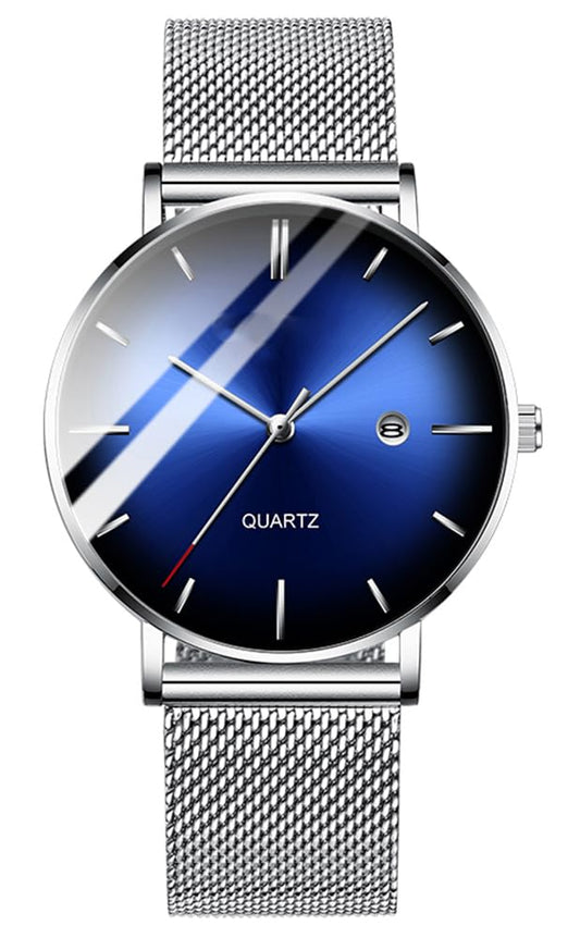 Mens Fashion Minimalist Wrist Watch Waterproof Watches Simple Ultra Thin Watches Analog Quartz Date with Stainless Steel Mesh Band (Silver)