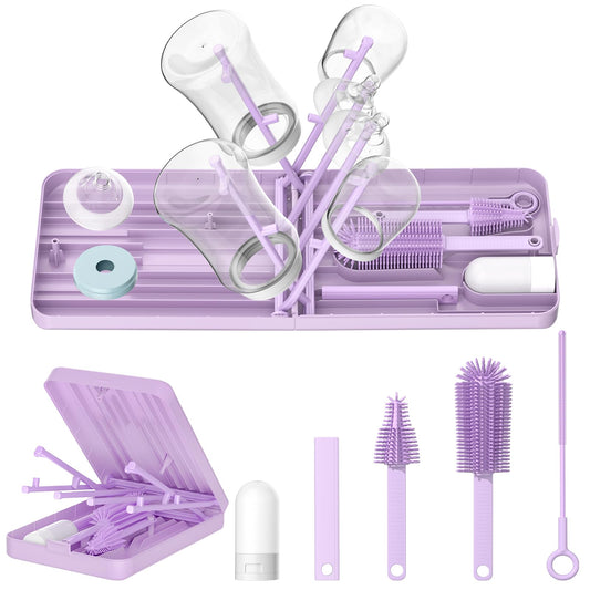 6 in 1 Travel Baby Bottle Brush Cleaner Kit with Extendable Bottle Brush Nipple Brush Straw Brush Soap Dispenser Drying Rack & Organizer Case Baby Travel Essentials