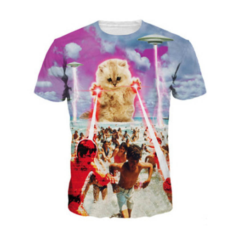 3D Lightning Cat Digital Print Loose Casual T-Shirt