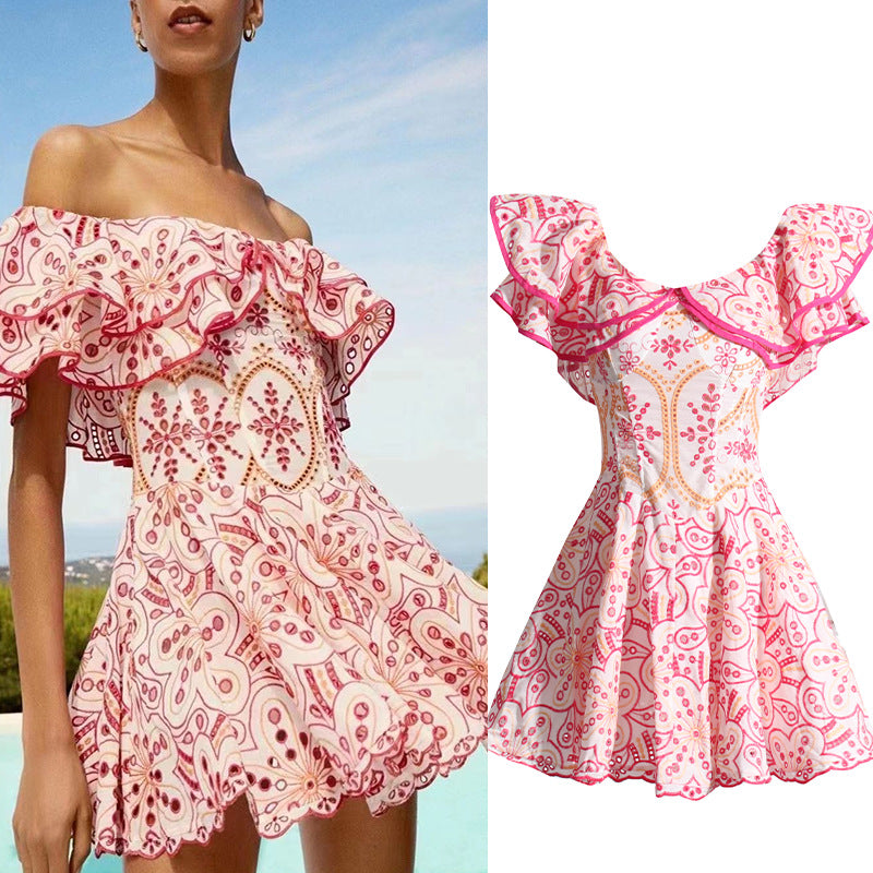 Bohemian Off-Shoulder Dress with Embroidery and Ruffles