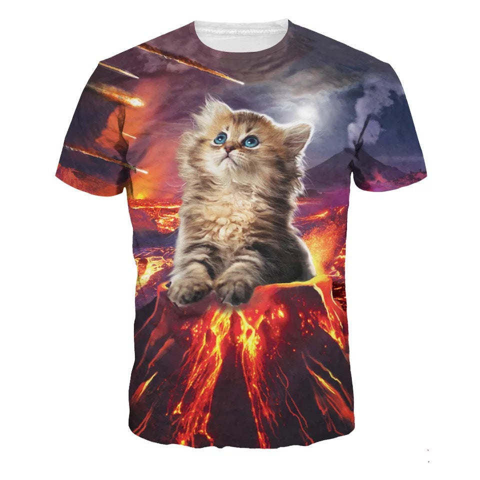 3D Lightning Cat Digital Print Loose Casual T-Shirt