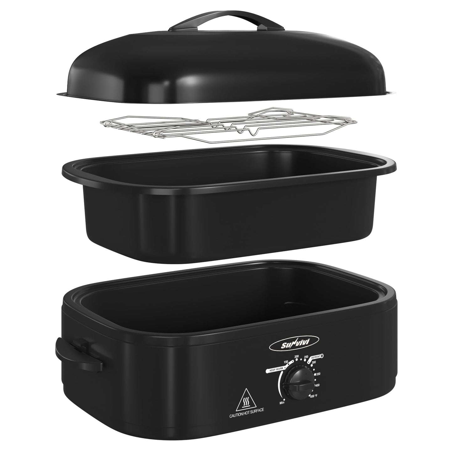 Sunvivi 14-Quart Roaster Oven with Self-Basting Lid Electric Turkey Roaster Oven with Removable Pan and Rack Stainless Steel Black