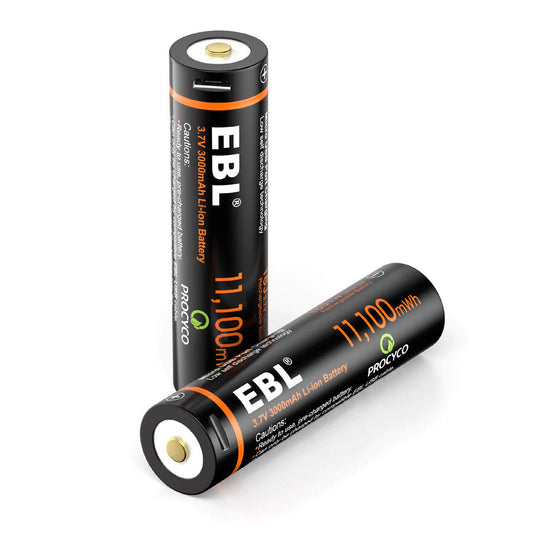EBL 3.7V Li-ion Rechargeable Batteries 3000mAh 18J Rechargeable USB Lithium Battery for Flashlights Headlamps Doorbells RC Cars (2 Pack)