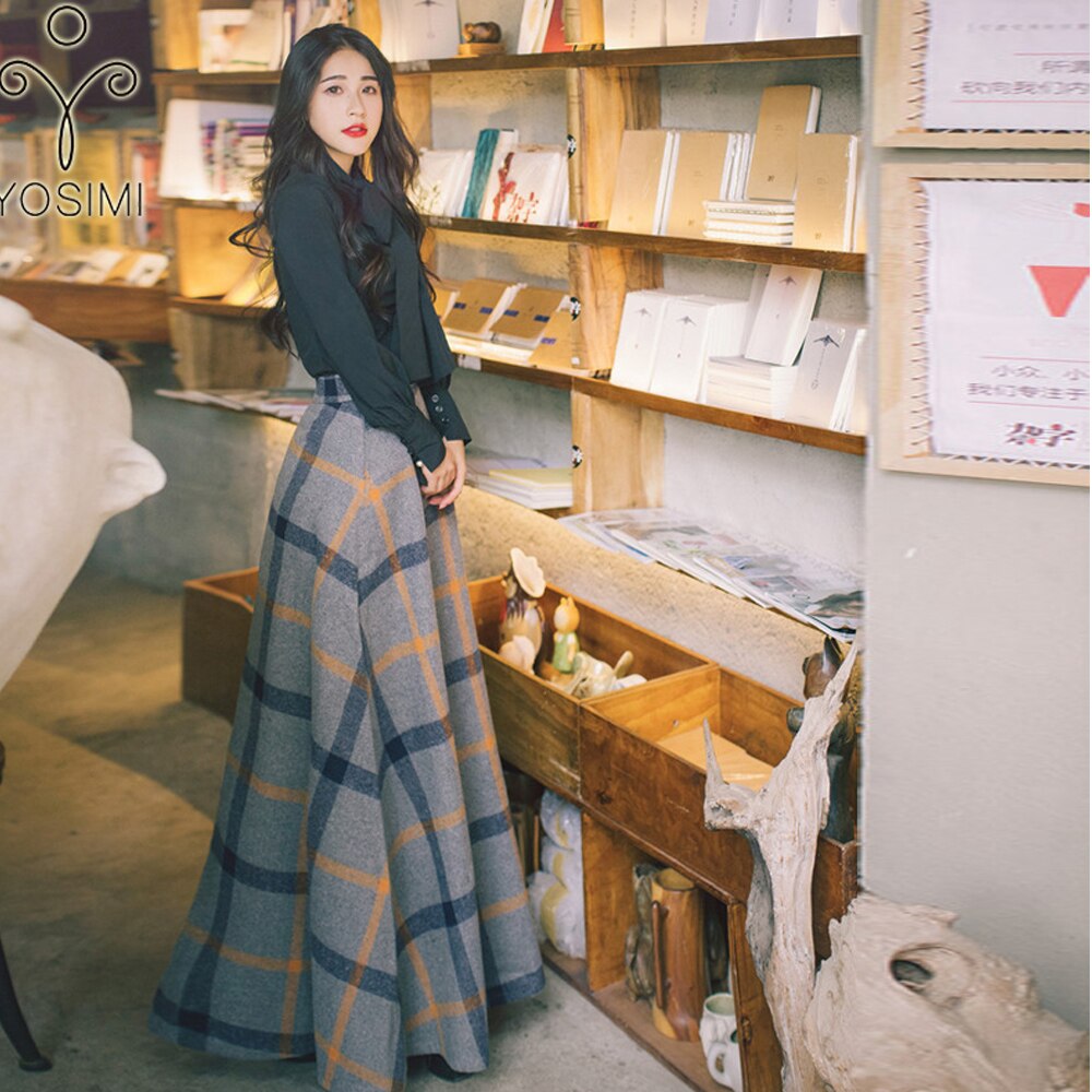 Retro Long Sleeve Shirt & Plaid Skirt Two-Piece Set