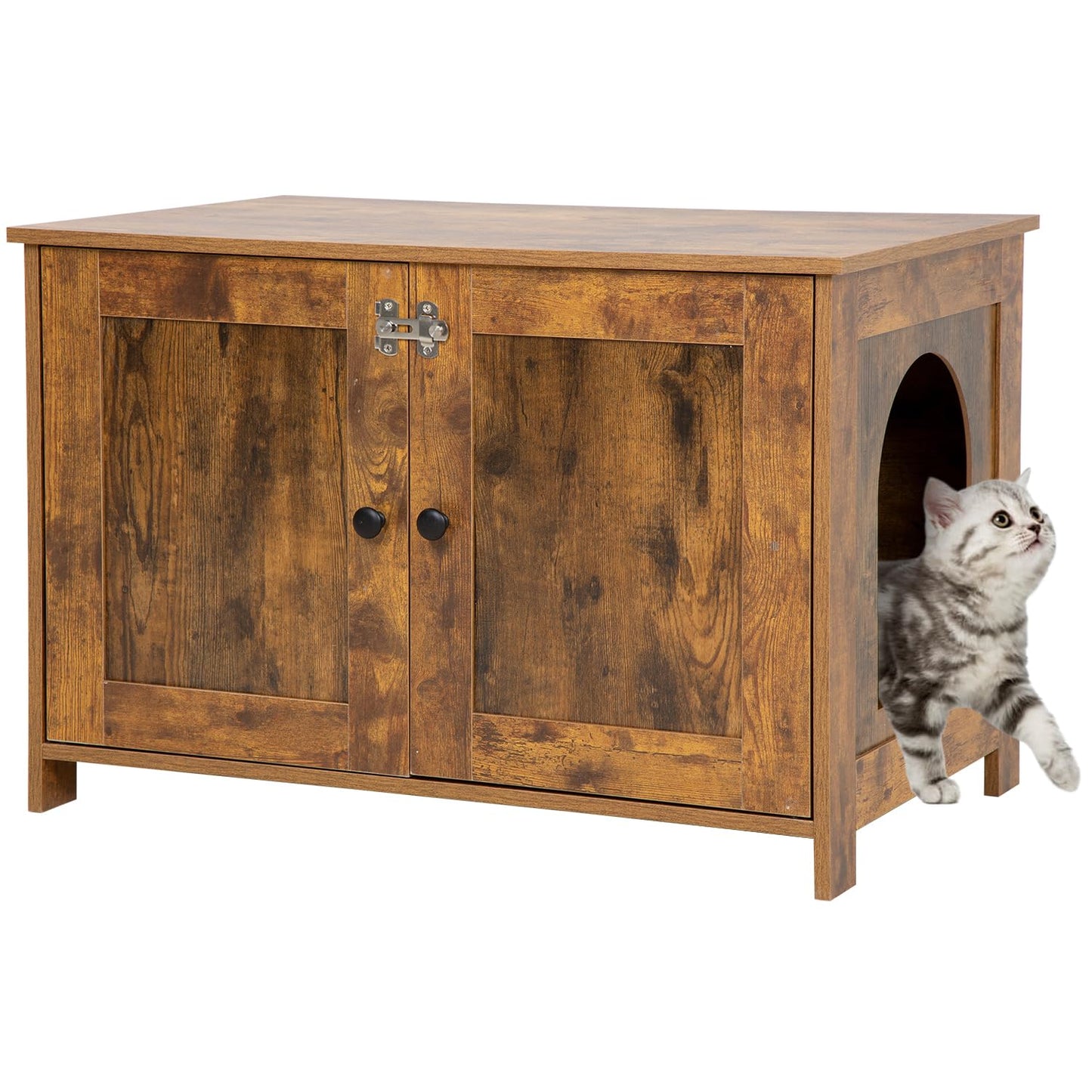 Cat Litter Box Enclosure Furniture - Wooden Cat Furniture Storage Cabinet Pet Crate House End Table with Removable Divider Large Enough Fit Most Cats and Litter Box