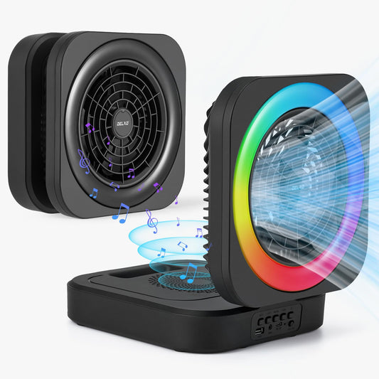 Bluetooth Speaker FAN with LED Desk Night Light for Indoor Office Home Portable Wireless Speaker with Fan Rechargeable Outdoor FM Radio Speaker Camping Hiking Weekend Black