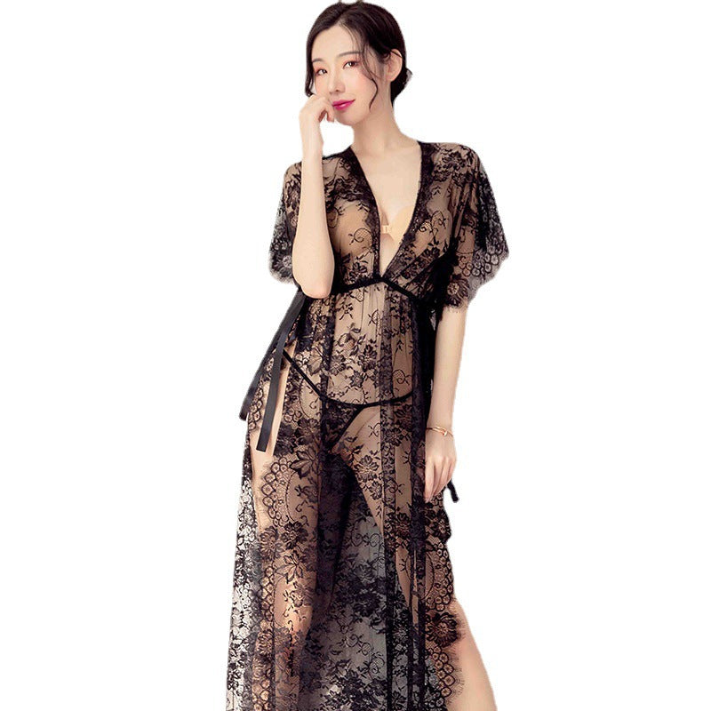 Lace Trim Black Sheer Robe for Women (Long Style)