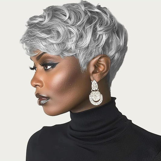 Pixie Grey Wigs for Black Women (Grey Mixd Black)