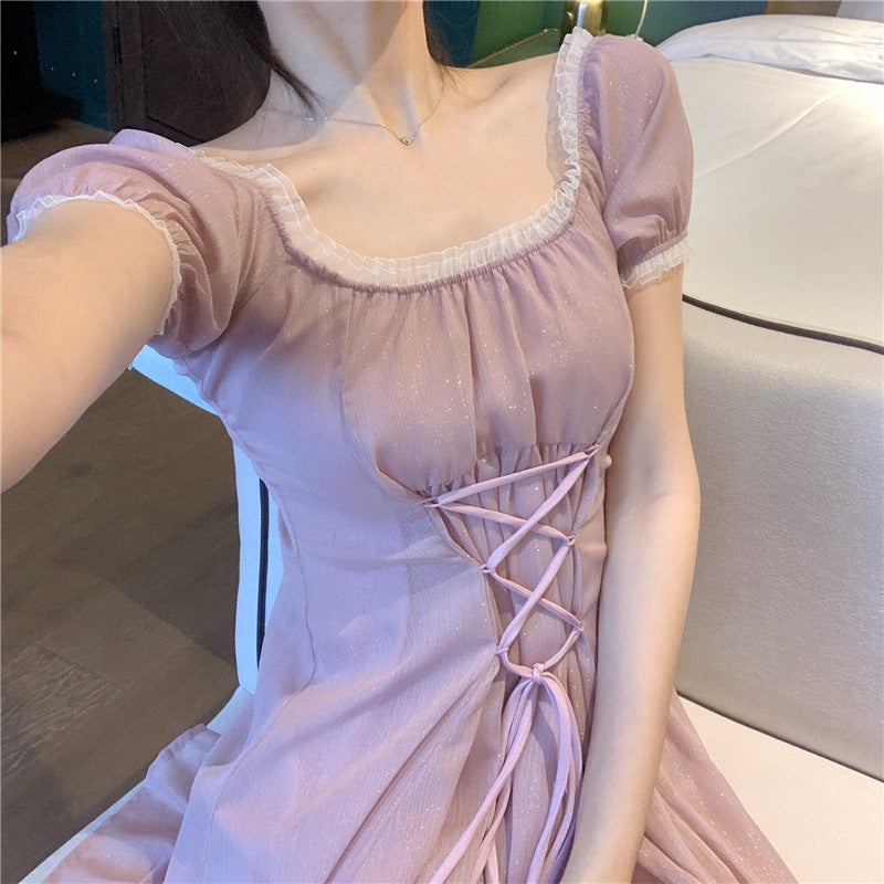Pink Puff Sleeve Dress with Ruffled Edges