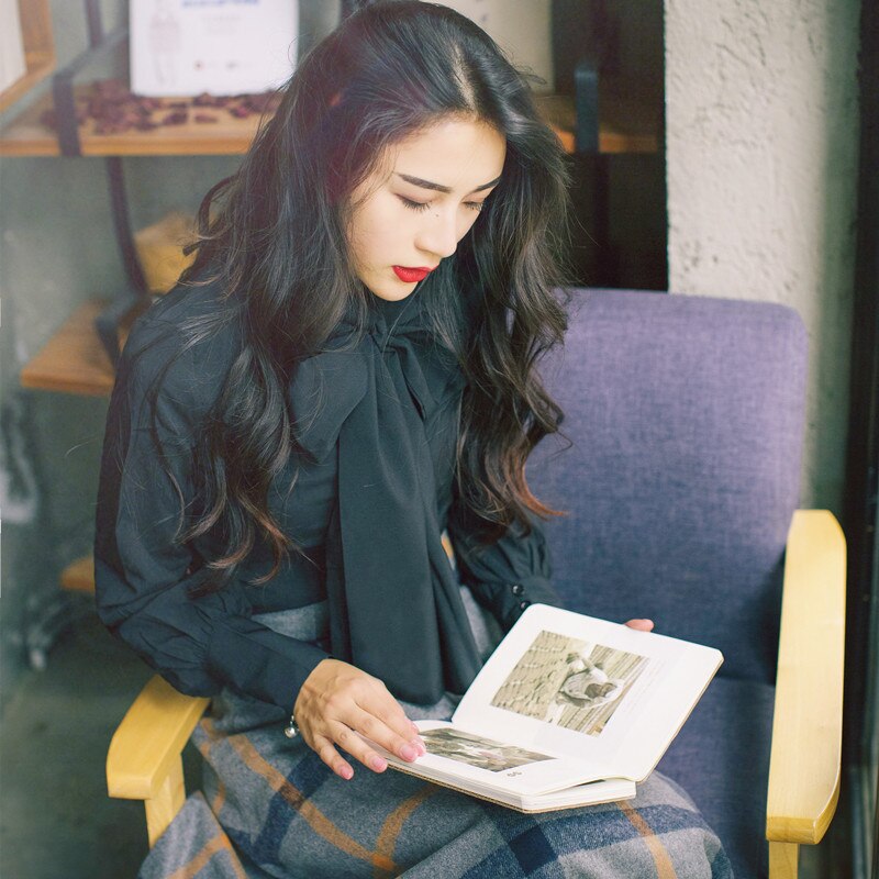 Retro Long Sleeve Shirt & Plaid Skirt Two-Piece Set
