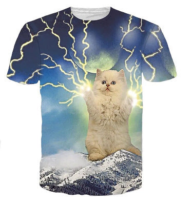 3D Lightning Cat Digital Print Loose Casual T-Shirt